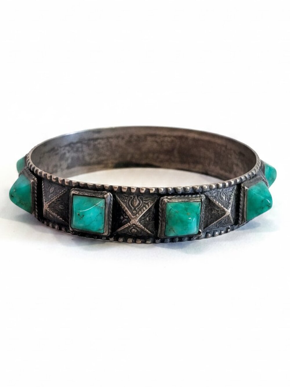 Vintage Green Stone Bangle Bracelet Acid Tested Silver Tribal Ethnic Estate